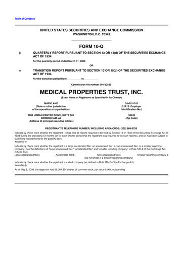 Thumbnail Medical Properties Trust
 10-Q Quarterly Report FY 