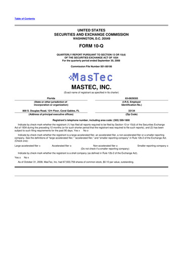 Miniature MasTec 10-Q Rapport trimestriel  