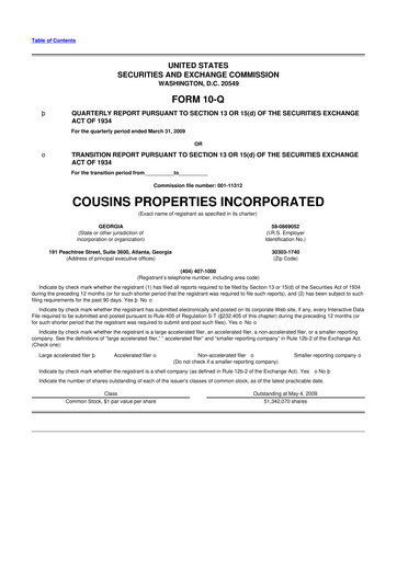 Thumbnail Cousins Properties
 10-Q Quarterly Report FY 