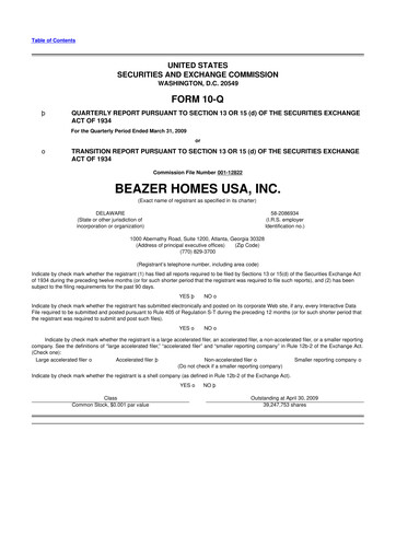 Thumbnail Beazer Homes USA
 10-Q Quarterly Report FY 