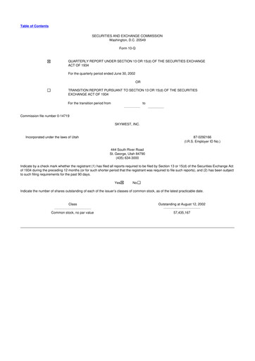 Thumbnail SkyWest 10-Q Quarterly Report FY 