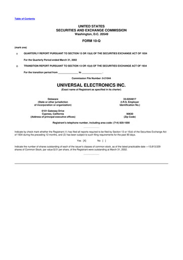Thumbnail Universal Electronics 10-Q Quarterly Report FY 