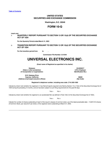 Thumbnail Universal Electronics 10-Q Quarterly Report FY 
