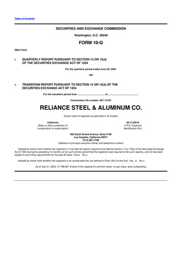 Thumbnail Reliance


 10-Q Quarterly Report FY 