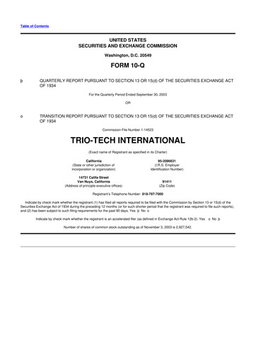 Thumbnail Trio-Tech International 10-Q Quarterly Report FY2003-11-07 