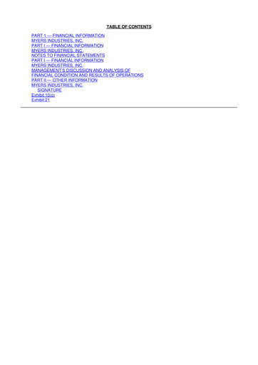 Miniature Myers Industries 10-Q Rapport trimestriel  
