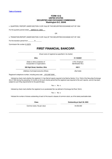 Thumbnail First Financial Bank
 10-Q Quarterly Report FY 