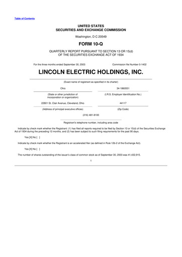 Thumbnail Lincoln Electric
 10-Q Quarterly Report FY 
