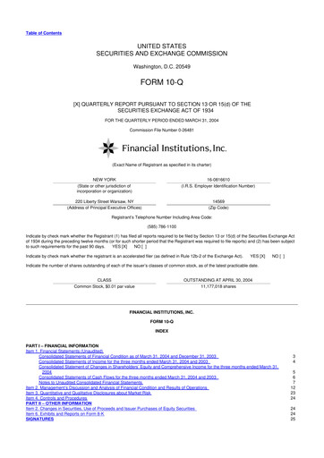 Thumbnail Financial Institutions 10-Q Quarterly Report FY 