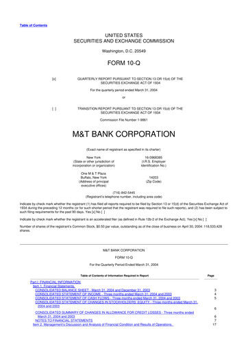 Thumbnail M&T Bank 10-Q Quarterly Report FY 