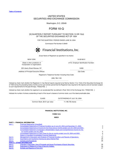 Thumbnail Financial Institutions 10-Q Quarterly Report FY 