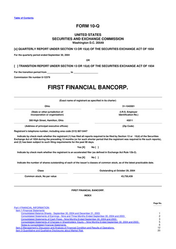 Thumbnail First Financial Bank
 10-Q Quarterly Report FY 