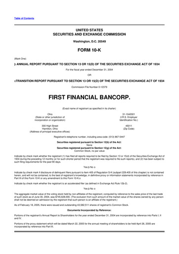 Thumbnail First Financial Bank
 10-K Annual Report 