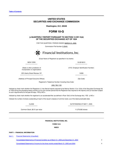 Thumbnail Financial Institutions 10-Q Quarterly Report FY 