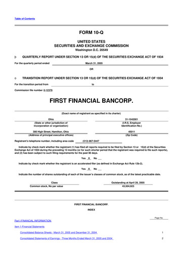 Thumbnail First Financial Bank
 10-Q Quarterly Report FY 