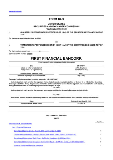 Thumbnail First Financial Bank
 10-Q Quarterly Report FY 