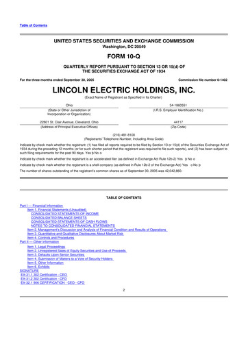 Thumbnail Lincoln Electric
 10-Q Quarterly Report FY 