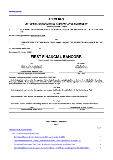 Thumbnail First Financial Bank
 10-Q Quarterly Report FY 