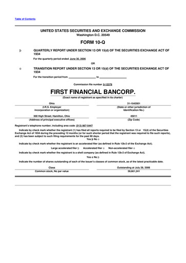 Thumbnail First Financial Bank
 10-Q Quarterly Report FY 