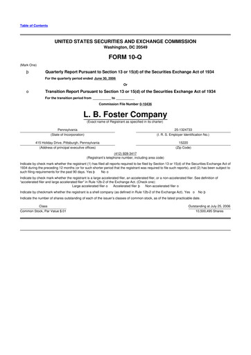 Thumbnail L.B. Foster 10-Q Quarterly Report FY 