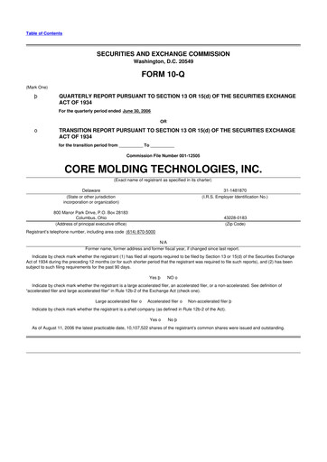 Miniature Core Molding Technologies 10-Q Rapport trimestriel  