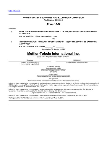 Thumbnail Mettler Toledo 10-Q Quarterly Report FY 