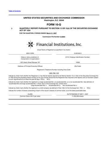 Thumbnail Financial Institutions 10-Q Quarterly Report FY 