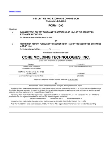 Miniature Core Molding Technologies 10-Q Rapport trimestriel  
