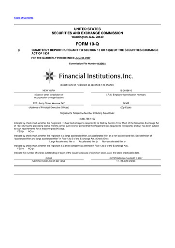 Thumbnail Financial Institutions 10-Q Quarterly Report FY 