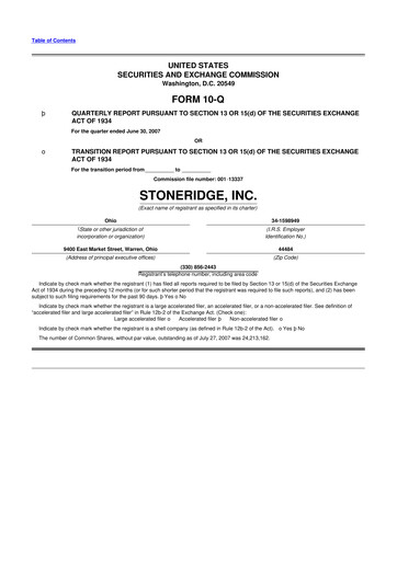Thumbnail Stoneridge 10-Q Quarterly Report FY 