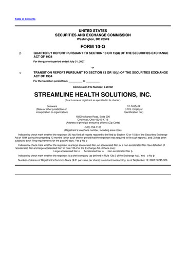 Thumbnail Streamline Health Solutions 10-Q Quarterly Report FY 