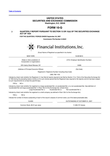 Thumbnail Financial Institutions 10-Q Quarterly Report FY 