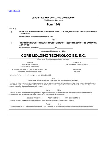 Miniature Core Molding Technologies 10-Q Rapport trimestriel  