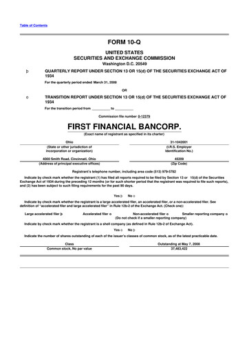 Thumbnail First Financial Bank
 10-Q Quarterly Report FY 