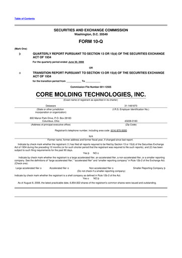Miniature Core Molding Technologies 10-Q Rapport trimestriel  