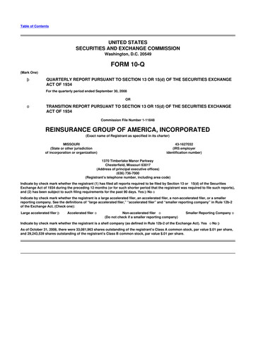 Miniature Reinsurance Group of America
 10-Q Rapport trimestriel  