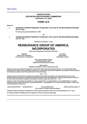 Miniature Reinsurance Group of America
 10-Q Rapport trimestriel  