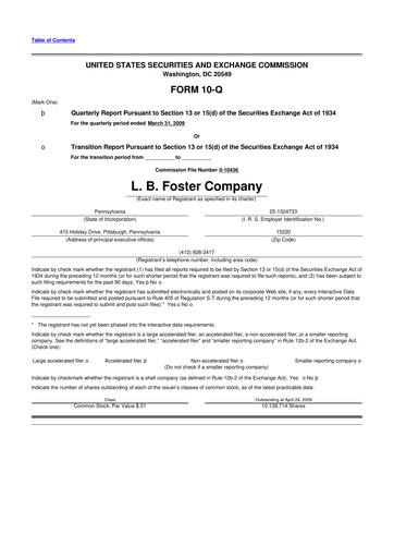 Thumbnail L.B. Foster 10-Q Quarterly Report FY 