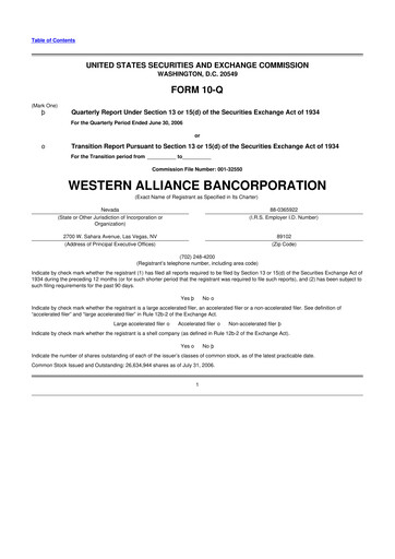 Thumbnail Western Alliance Bancorporation
 10-Q Quarterly Report FY 