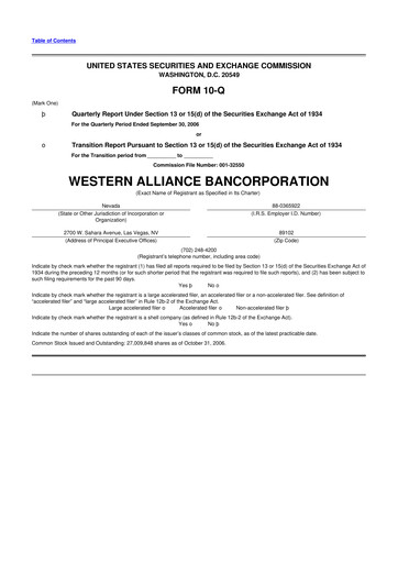 Thumbnail Western Alliance Bancorporation
 10-Q Quarterly Report FY 