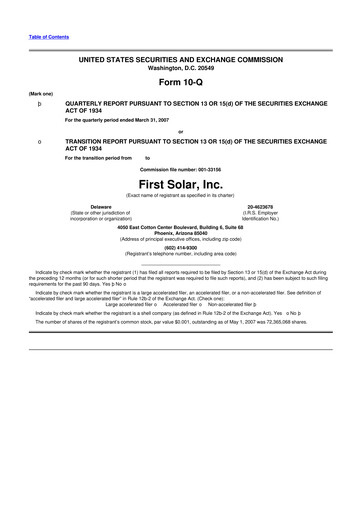 Thumbnail First Solar
 10-Q Quarterly Report FY 