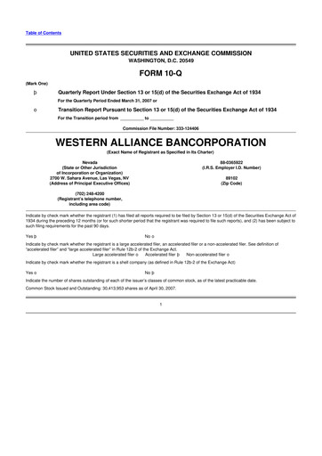Thumbnail Western Alliance Bancorporation
 10-Q Quarterly Report FY 