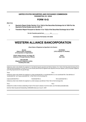 Thumbnail Western Alliance Bancorporation
 10-Q Quarterly Report FY 