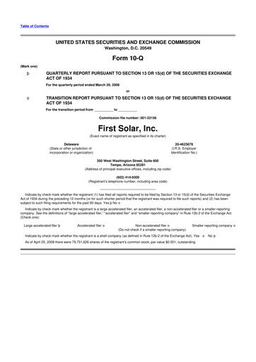 Thumbnail First Solar
 10-Q Quarterly Report FY 
