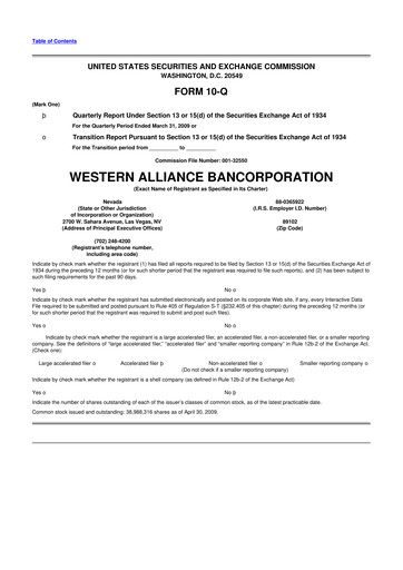 Thumbnail Western Alliance Bancorporation
 10-Q Quarterly Report FY 