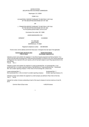 Thumbnail Union Bankshares 10-Q Quarterly Report FY 