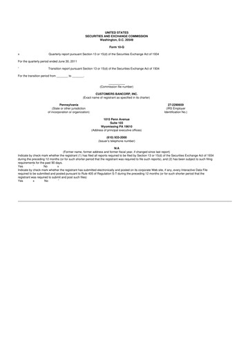 Miniature Customers Bancorp
 10-Q Rapport trimestriel 2011 