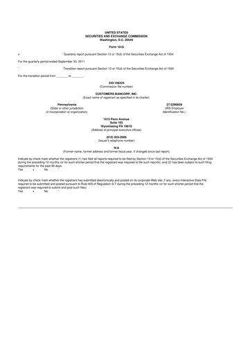 Miniature Customers Bancorp
 10-Q Rapport trimestriel 2011 