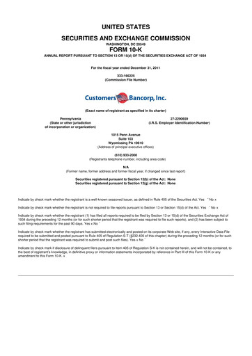 Miniature Customers Bancorp
 10-K Rapport annuel 2011