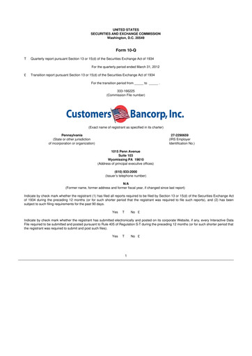 Miniature Customers Bancorp
 10-Q Rapport trimestriel 2012 